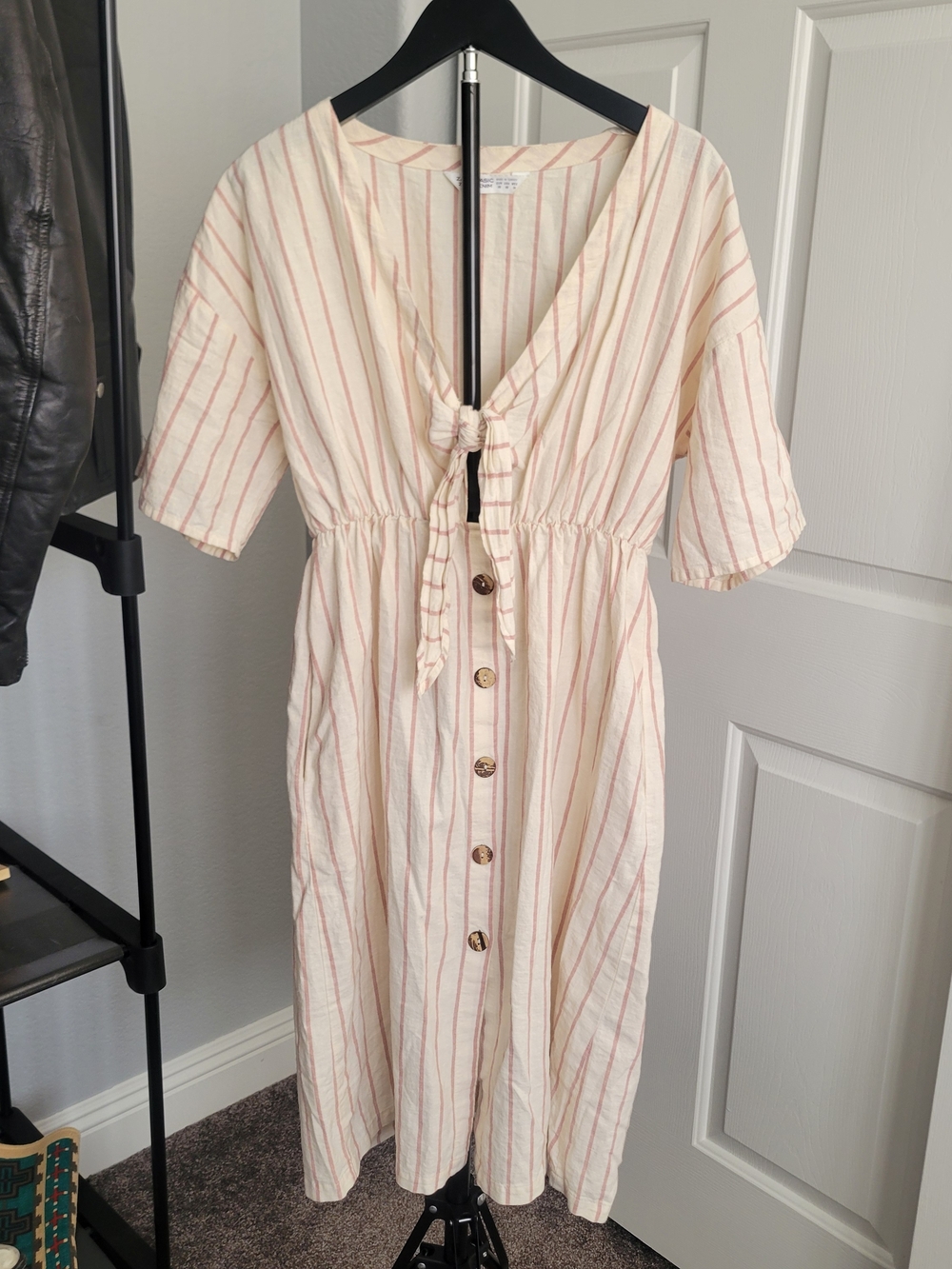 Zara Cream Midi Dress with Pink Stripes